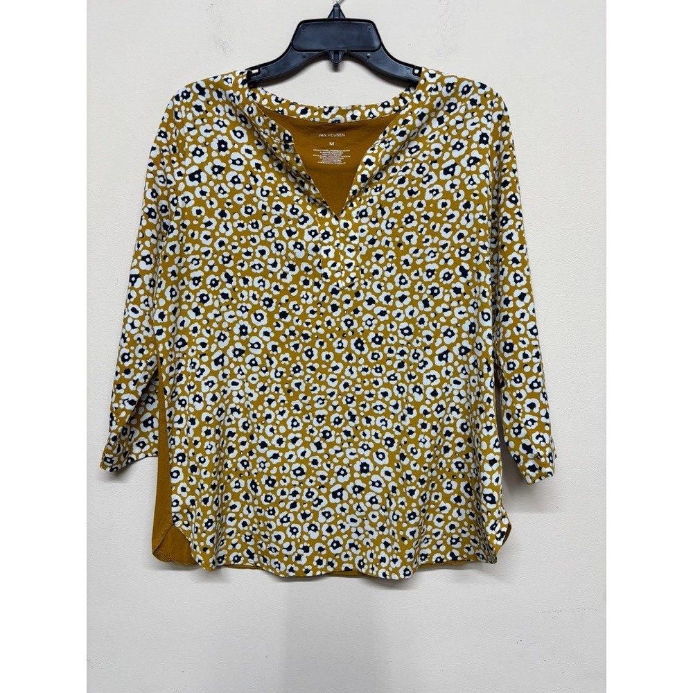 Van Heusen Mustard Floral V-Neck Blouse Women Medium 3/4 Sleeve Top Shirt casual